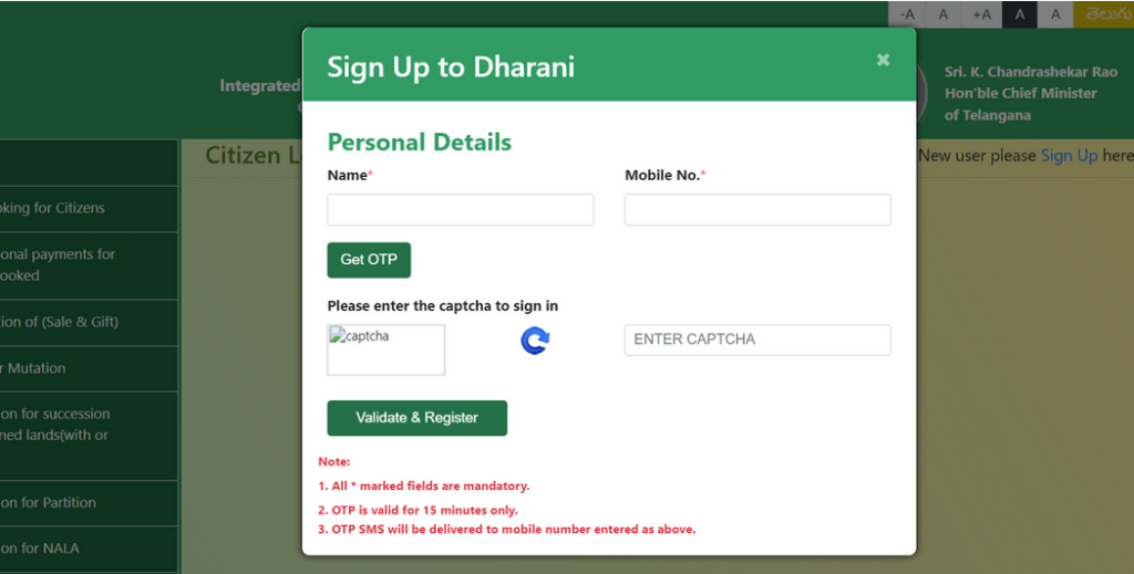 Dharani Portal Telangana Sign Up Process